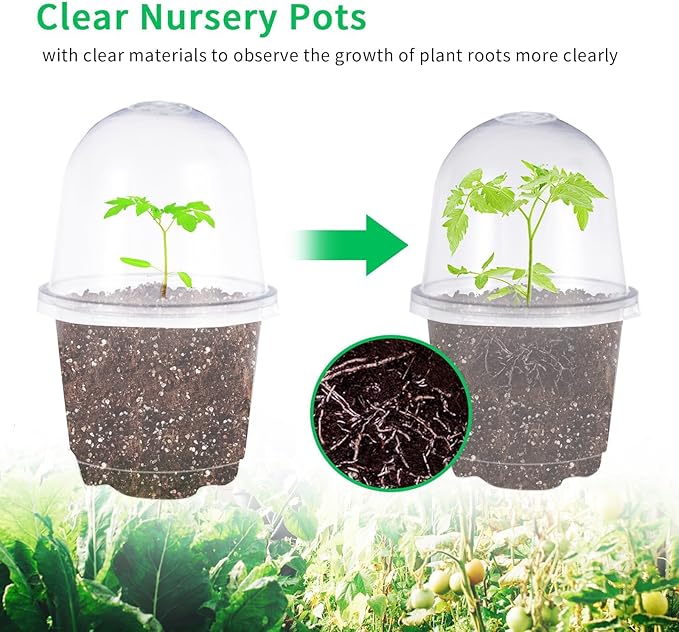 JOPY 4 Inch Plastic Nursery Pots with Humidity Dome for Plants 20 Pack Clear Seedlings Planting Pots for Garden Indoor and Outdoor Small Planter Containers with Drainage Holes - Image 6