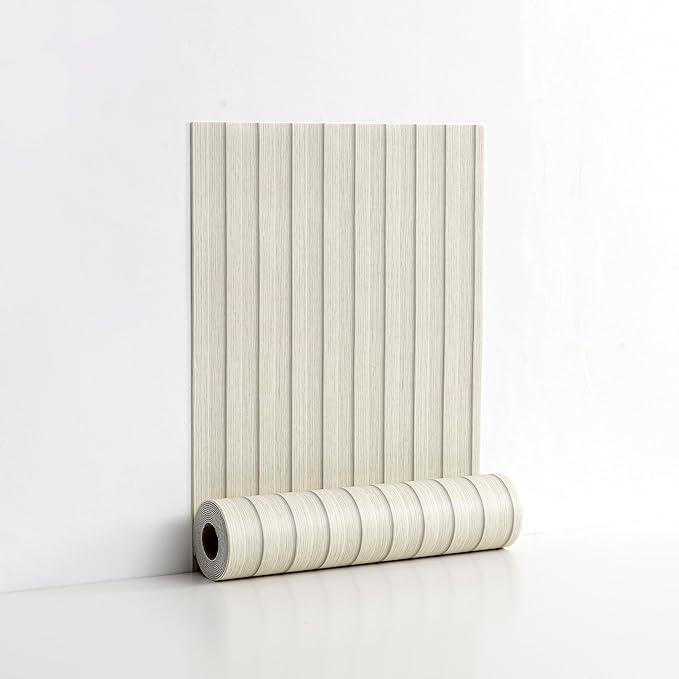 Peel and Stick PVC Slat Wall Panels, Wood Grain Self-Adhesive Soundproof Moisture-Resistant Paneling, 3D Faux Wood Panels for Bedroom Bathroom Walls & Ceilings 118"x15.75"(Off-White,13Sq.ft) by LVSHI
