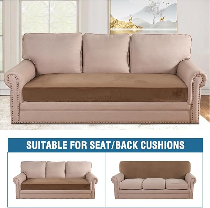 H.VERSAILTEX Velvet Stretch Individual Couch Cushion Cover Plush Cushion Slipcover for Loveseat Sofa Cushion Furniture Protector Seat Cushion Sofa Cover (1 Piece Sofa Cushion Cover, Camel) - Image 3