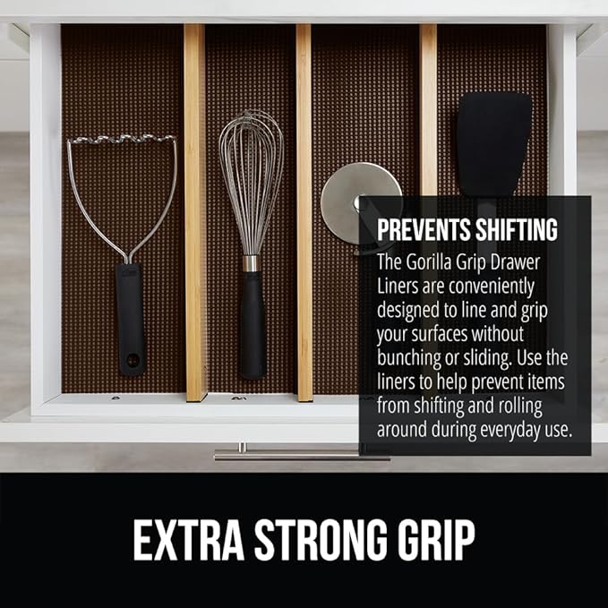 GORILLA GRIP powerGRIP Drawer Shelf and Cabinet Liner, Thick Strong Hold, Non-Adhesive Liners Protect Kitchen Cabinets and Cupboard, Bathroom Drawers, Easy Install, Breathable Mat, 12" x20', Chocolate - Image 3