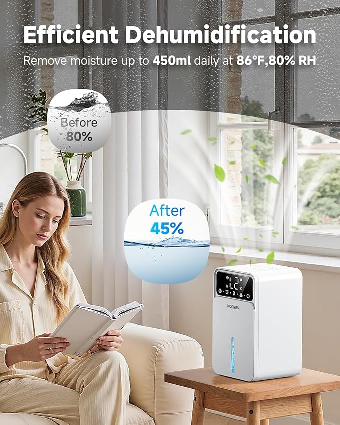 Dehumidifier for Home, 60 OZ Capacity, Auto Shut-Off for Medium Rooms up to 500 Sq.Ft, Portable Quiet for Bedroom Bathroom Basement, 24H Timer & 7 Color Lights (White, 7.36 × 6.77 × 10.47 inch) - Image 4