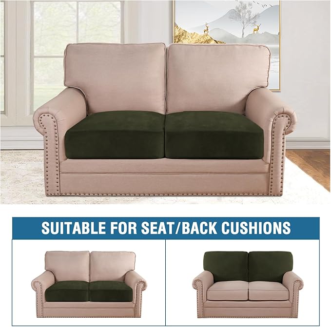 H.VERSAILTEX Velvet Stretch Couch Cushion Cover Plush Cushion Slipcover for Chair Loveseat Sofa Cushion Furniture Protector Seat Cushion Sofa Cover (2 Piece Medium Sofa Cushion Covers, Olive) - Image 3