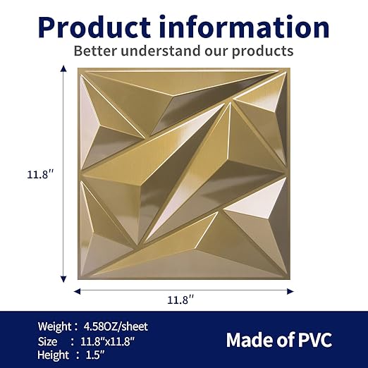 Art3dwallpanels 33 Pack 3D Wall Panel Diamond for Interior Wall Décor, PVC Textured Wall Panels, 12''x12'' Cover 32.Sq.Ft. Golden - Image 6
