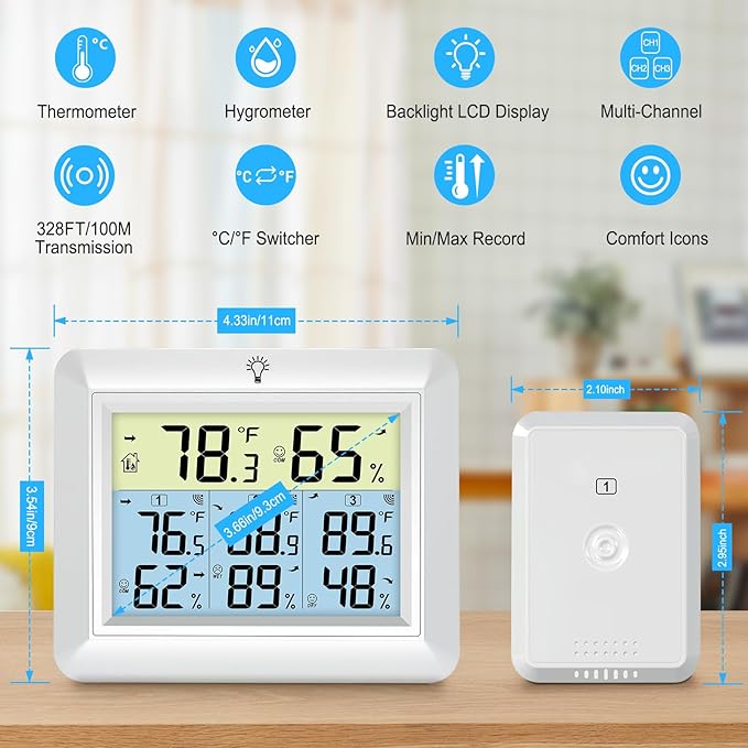 Urageuxy Weather Station Wireless Indoor Outdoor Thermometer with 3 Sensors, Remote Temperature Monitor with Humidity for Home, Baby Nursery, Room, Attic, Patio - Image 2