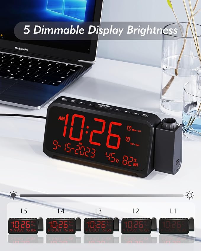 Roxicosly Projection Alarm Clock for Bedroom Ceiling, 118 dB Super Loud for Heavy Sleepers, 6.7" Large Digital Dimmable Display with Day Date Indoor Temp Humidity, Dual Alarms Adjustable Volume - Image 4