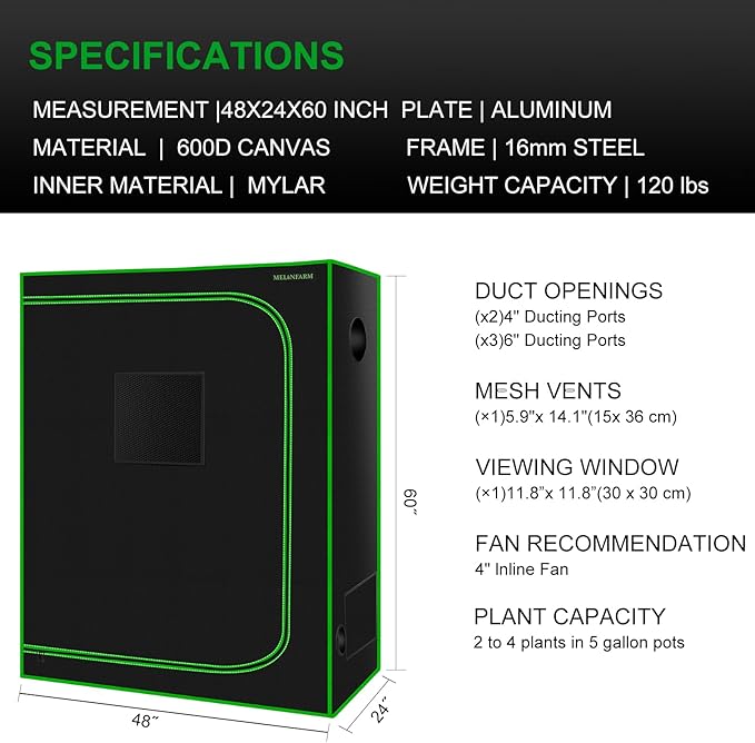 MELONFARM 4x2 Grow Tent, 48"x24"x60'' High Reflective 600D Diamond Mylar Canvas with Observation Window and Floor Tray for Hydroponic Indoor Plant Growing - Image 7