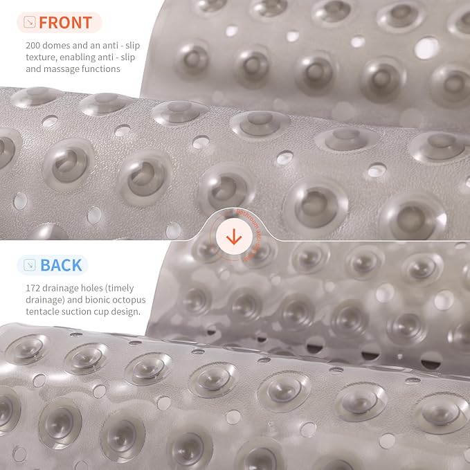 Anti-Slip Bathtub Shower mat, 39.3×15.7 inch（Approximately 100 × 40cm） Soft Oversized Machine Washable Non-Slip Bathtub mat with Drainage Holes, Bathroom Floor Suction Cup.（1-Clear Gray） - Image 2