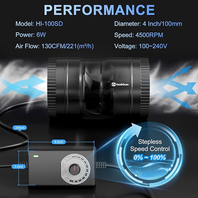 Hon&Guan 4 Inch Inline Booster Duct Fan with Speed Controller - 130 CFM Airflow with 6W Ultra-Low Power and Low Noise - Image 6
