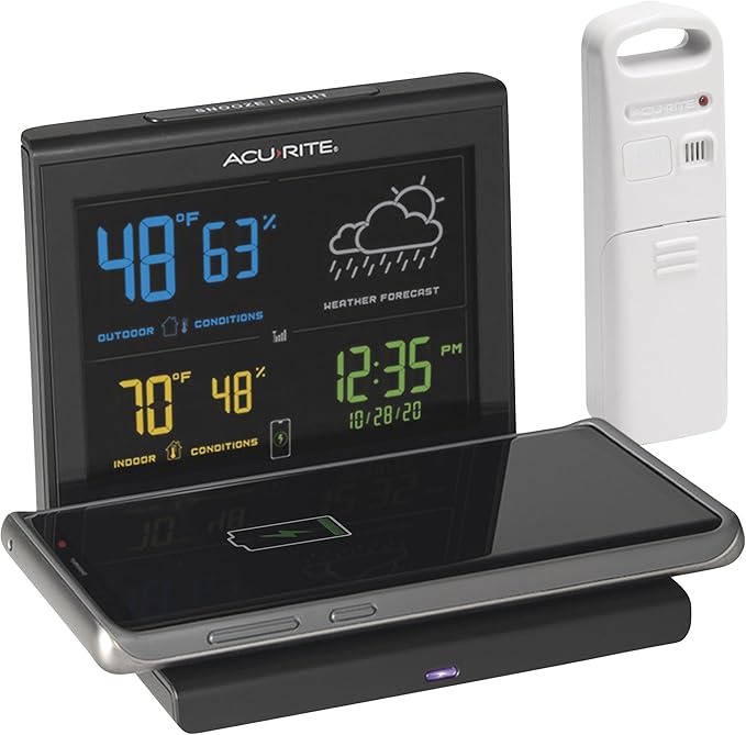 AcuRite Weather Forecaster with Wireless Charging Pad, Alarm Clock with Indoor/Outdoor Temperature and Humidity and Calendar (01193M),Black - Image 2