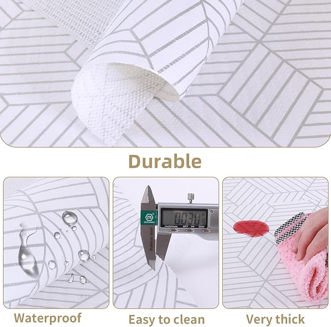 Shelf Liners for Kitchen Cabinets Non Adhesive Shelf Liner Paper Non-Slip Thickened Drawer Liner Easy to Clean for Tool Box Refrigerator with Knife and Tape Measure, Silver Geometric, 23.6 x 354.3 in - Image 3