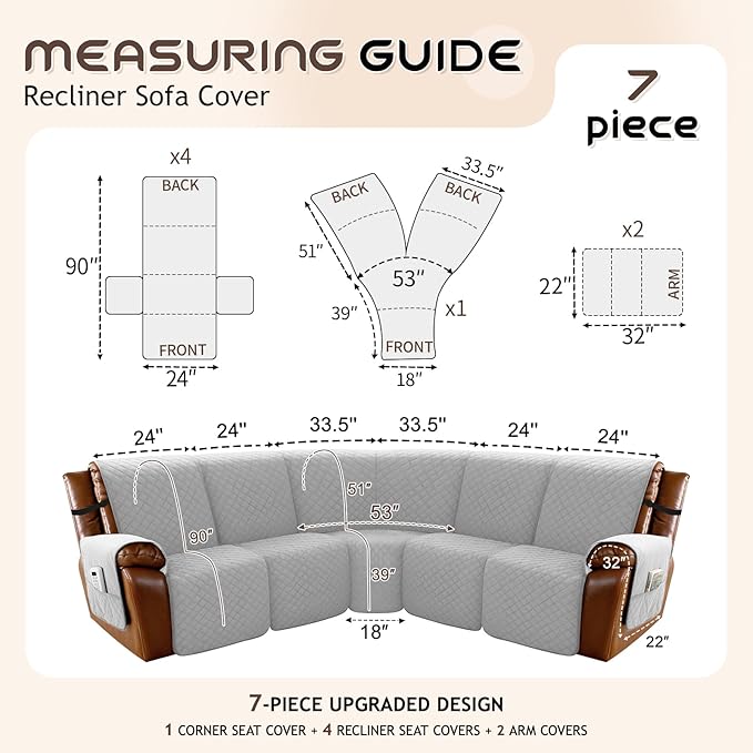 Arfntevss Waterproof Recliner Sectional Couch Covers for Reclining Sectional L Shape Sofa Cover Non Slip Washable Recliner L Shaped Slipcover Sets for Dog Furniture Protector (5 Seater, Dove Gray) - Image 5