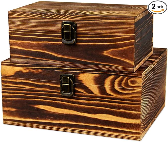 Wood Boxes Wooden Storage Box Treasure Chest Memory Hobby Preservation Rustic Decorative Archival Organizer with Latch Lock for Jewelry Keepsake Gadget Trinkets Letter Cash Tea Photo 2 Pack by BigHala