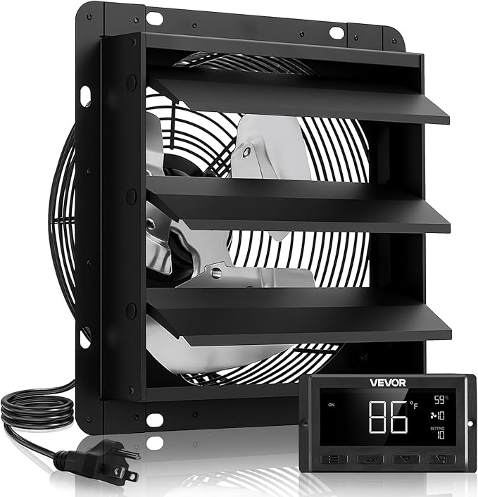 VEVOR 12 inch Exhaust Fan, Wall Mounted Attic Fan with Variable Speed, Temperature & Humidity Controller, 1500 CFM, Automatic Shutter by VEVOR