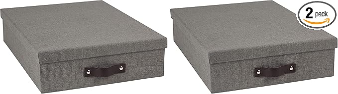Bigso Oskar Canvas Fiberboard Document Letter Box - File Organizer Box for Important Paperwork - Document Storage with a Lid & Leather Handle - 3.3 in x 10.2 in x 13.8 in - Gray (Pack of 2) by Bigso