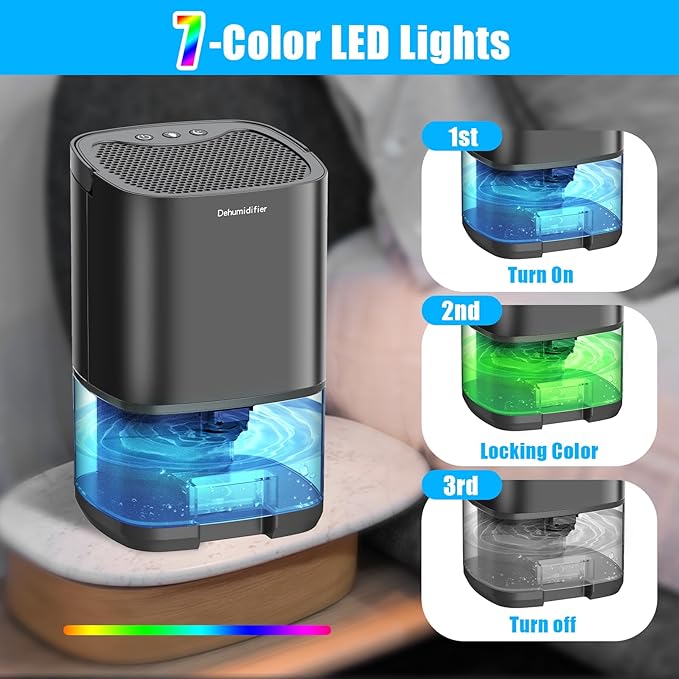 Dehumidifiers for Bedroom 35oz Small Dehumidifier for Home 2500 Cubic Feet(350sq ft) with 7 LED Lights, Ultra Quiet & Auto Shut off Dehumidifier for Bathroom Basement Closet Garage RV, Black - Image 3