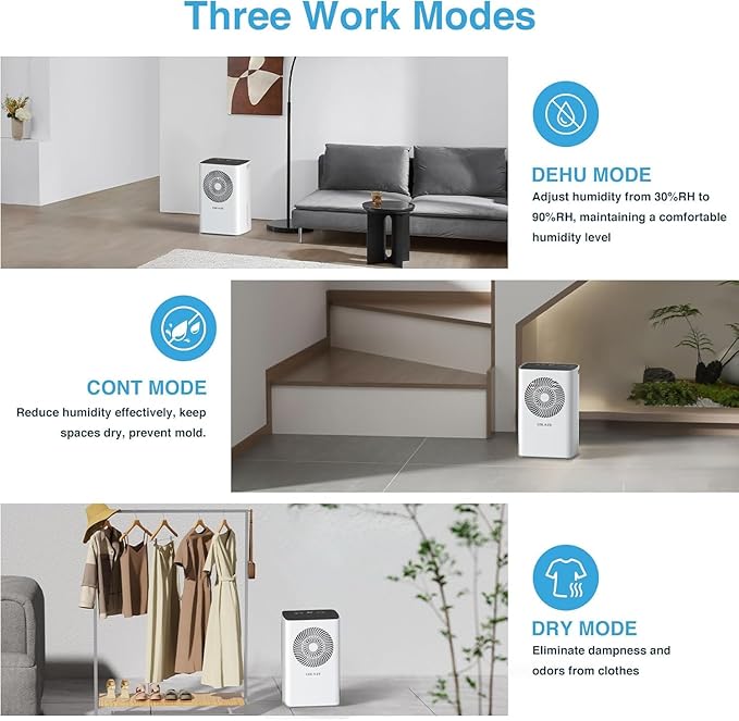 Dehumidifier,1500 Sq. Ft 21 Pint Dehumidifier for Basement with Drain Hose for Home Large Room Bathroom Bedroom - Smart Humidity Control, 24H Timer, Auto Manual Drain, 3 Modes - Image 5