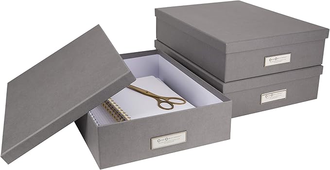 Bigso Oskar Fiberboard Label Frame Document Letter Box - File Organizer Box for Important Paperwork - Document Storage with a Lid & Metal Label Window - 3.3 in x 10.2 in x 13.8 in - Grey - Image 5