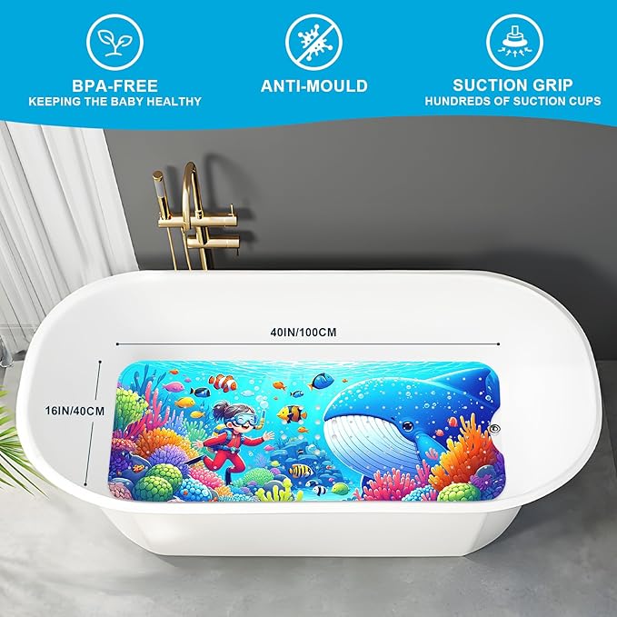 XIYUNTE Baby Bath Mat for Tub Non Slip Kids Bath Mat - 40''x16'' Extra Long Cartoon Bathtub Mat Non Slip Kids Shower Mat Eco-Friendly Toddler Bath Mats with Suction Cups, Machine Washable - Image 2
