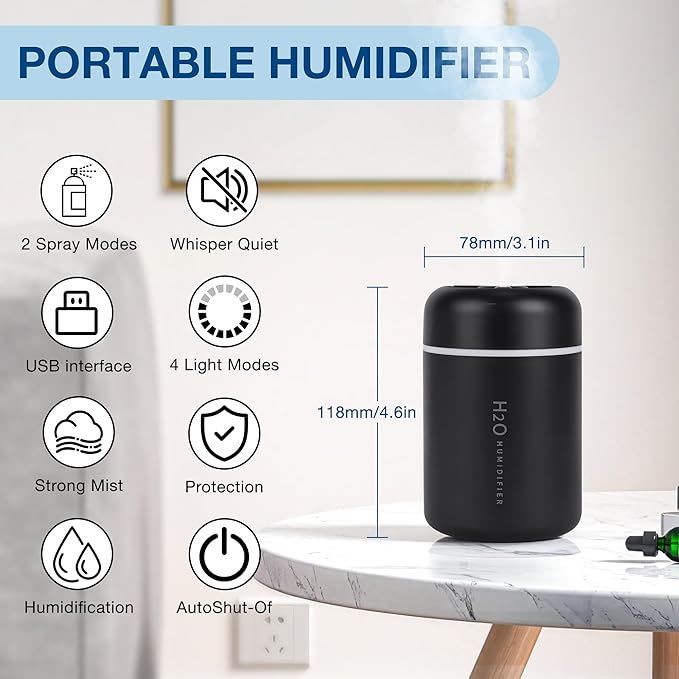 Portable Mini Humidifier, 300ml USB Cool Mist Small Humidifier with Colorful Lights. Perfect for Bedroom, Office, Plants, travel & Car (Black) - Image 2