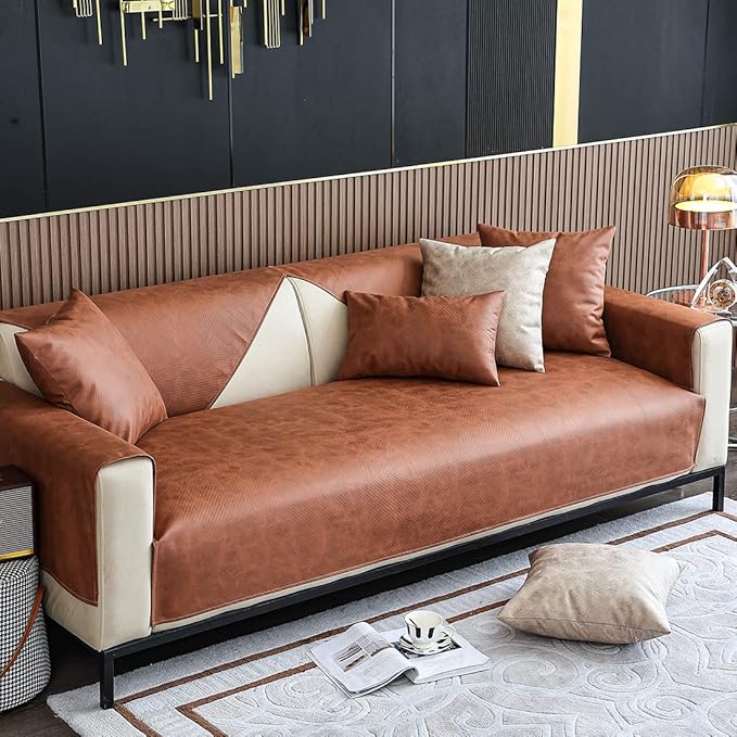 Faux Leather Waterproof Couch Sofa Cover Vintage PU Sectional Couch Cover Non Slip Sofa Slipcover Furniture Protector for Kids Dogs Cats (Brown,43"x63") - Image 3