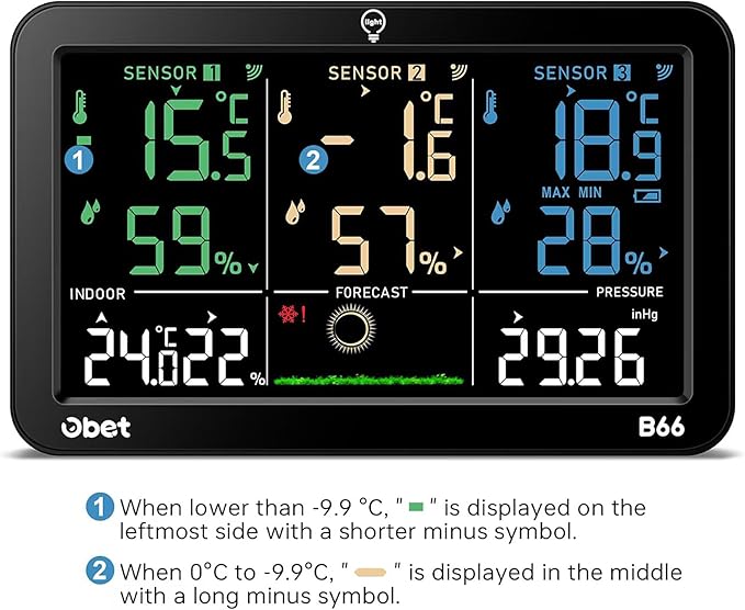OBET Weather Station Wireless Indoor Outdoor Thermometer Wireless, Color Display Digital Temperature and Humidity Monitor with 3 Sensors, Alerts, Adjustable Backlight, USB Port (500 Feet) - Image 8
