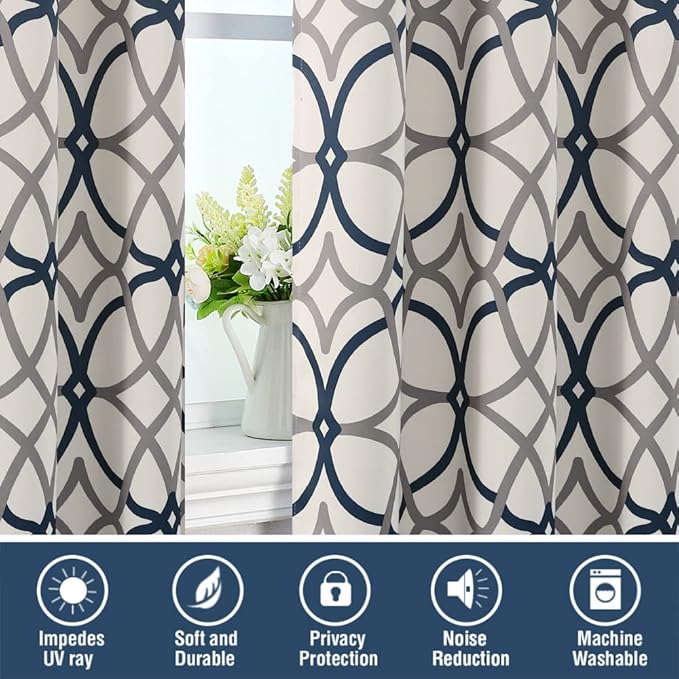 H.VERSAILTEX Blackout Curtains Printed Design 84 Inch Length 2 Panels Set Thermal Insulated Curtains for Bedroom Living Room Geometric Modern Grommet Window Drapes - Grey and Navy - Image 6