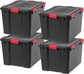 IRIS USA WeatherPro 74 Qt Storage Bins with Lids, 4 Pack, BPA-Free Plastic Gasket Box with Tight Latch and Seal, Stackable Nestable Tote Tub - Black/Red by IRISUSA