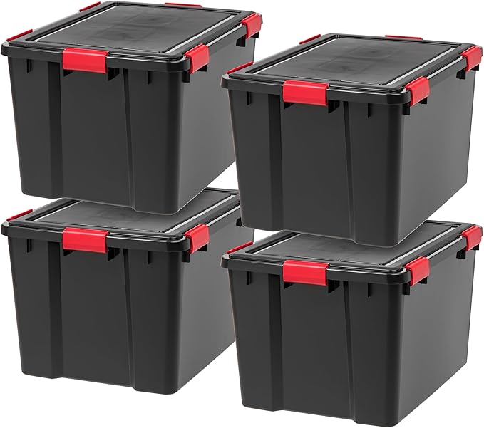 IRIS USA WeatherPro 74 Qt Storage Bins with Lids, 4 Pack, BPA-Free Plastic Gasket Box with Tight Latch and Seal, Stackable Nestable Tote Tub - Black/Red by IRISUSA