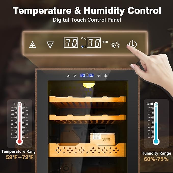 Electric Cooler Cabinet 70L with Temperature and Humidity Control, Leather Finish, Spanish Cedar Wood Shelves and Safety Lock (500 Counts Capacity), Gift for Men - Image 3