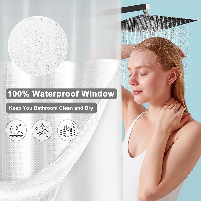 No Hook Shower Curtain with Fabric Liner White Hotel Waffle 75" L x 72" W,PEVA Frosted Window - Image 4