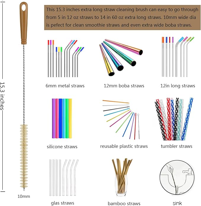 ALINK 5-Pack Bottle Brush Cleaner - Extra Long Bamboo Handle Water Bottle Straw Cleaning Brush for Washing Narrow Neck Beer Wine Decanter, Sports Bottle, Thermos, Flask, Jug - Image 4