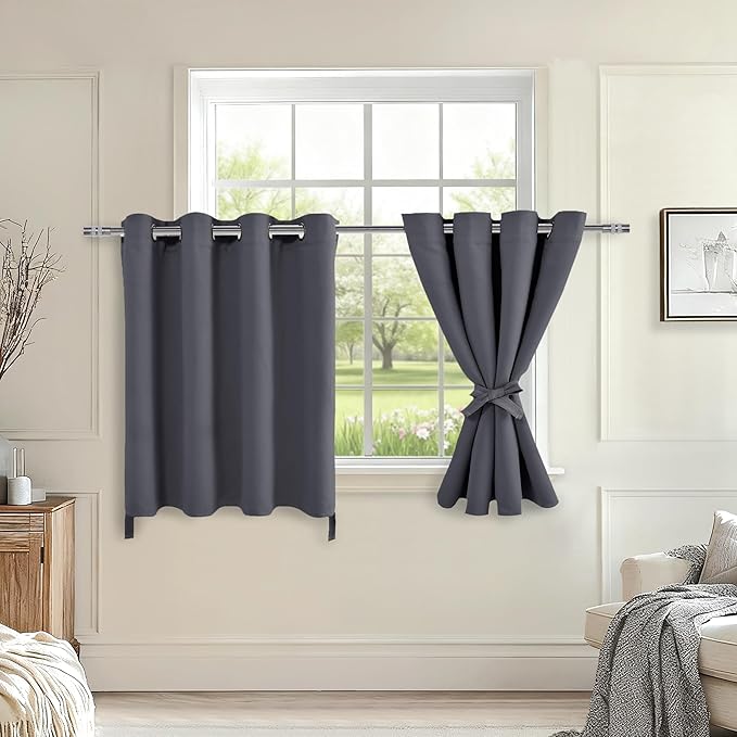 Hiasan Grommet Blackout Curtains for Bedroom, 52 x 30 Inches Long - Thermal Insulated & Light Blocking Window Curtains for Living Room, 2 Drape Panels Sewn with Tiebacks, Dark Grey by Hiasan