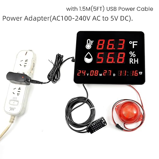 Large Display Thermometer Big Temperature Warning Light – Max Min to Monitor High and Low Temperature Humidity Sensor Alarm Alert, Thermometer Hygrometer Warning with Time & Date - Image 4