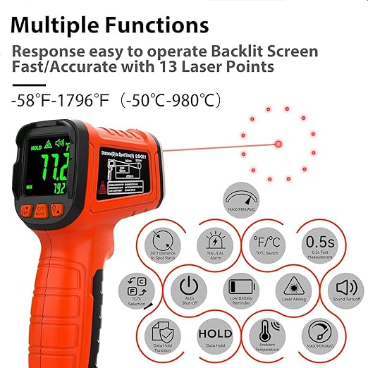 50:1 Infrared Thermometer Temperature Gun, -58°F to 1796°F Digital Laser Temp Gun for Cooking, Pizza Oven, BBQ, Fridge IR Thermometer Gun for HVAC, Engine, and Industrial Use - Image 6