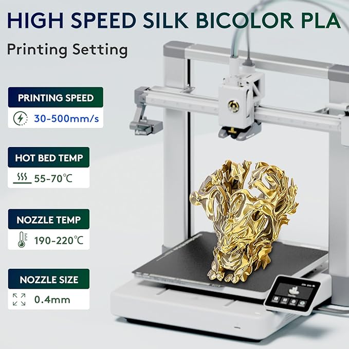 ERYONE Silk Dual Color PLA Filament 3D Printer 1.75mm +/- 0.03mm, Bicolor Filament Two Tone PLA 1KG(2.2lbs) Cardboard Spool, Gold Silver - Image 2
