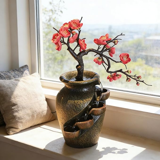 16" Flower Ornament Vase Decorative Bonsai Mini Tabletop Waterfall Fountain Indoor with Water Flow & Artificial Bouquet, Desktop Water Fountains Restaurant Coffee Home Decor or Festival Birthday Gift - Image 2