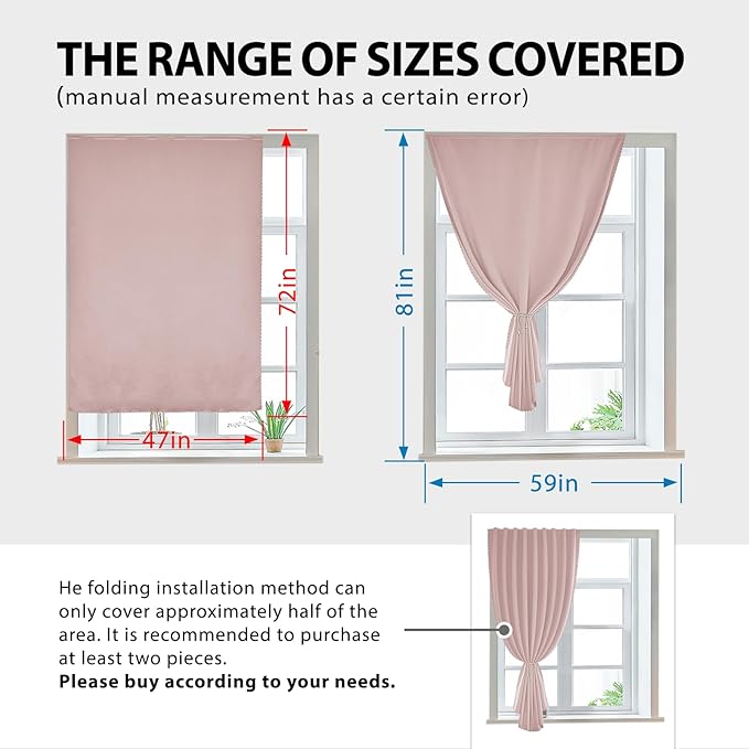 Autohesion Curtains for Windows,Bedroom Blackout Curtains for - Thermal Lnsulated No Drill Curtains Room Darkening Black Small Drapes, JILRON,(1 Panels,47Wx72L inch-Tender Pink) - Image 3