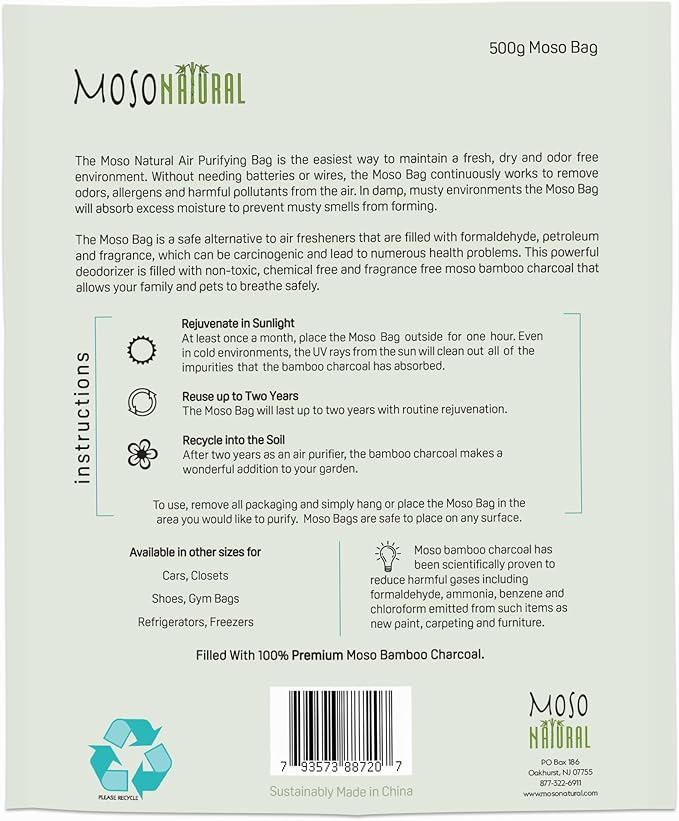 Moso Natural Air Purifying Bag 500g (2 Pack) Premium Bamboo Charcoal Odor Absorber for Home, Bedroom, Kitchen, Basement | Unscented Pet Odor Eliminator | Large Charcoal Deodorizer Bag Covers 250sqft - Image 2