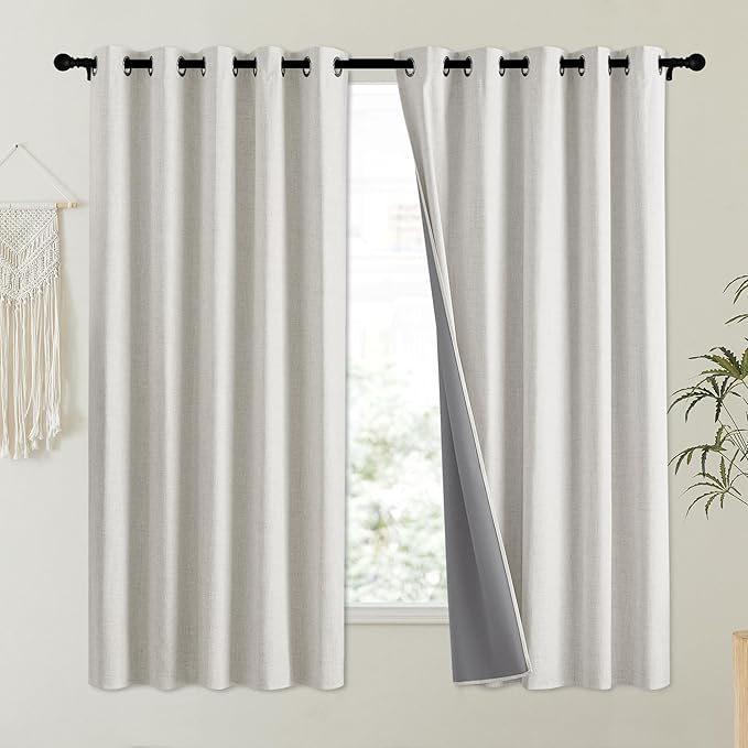 NICETOWN Snowbound Vintage Linen 100% Blackout Curtains for Kitchen, Thermal Insulated Curtains 63" Long, Noise Reducing Window Treatment Drapes for Dorm Room, 62" Wide Per Panel, Set of 2 - Image 2