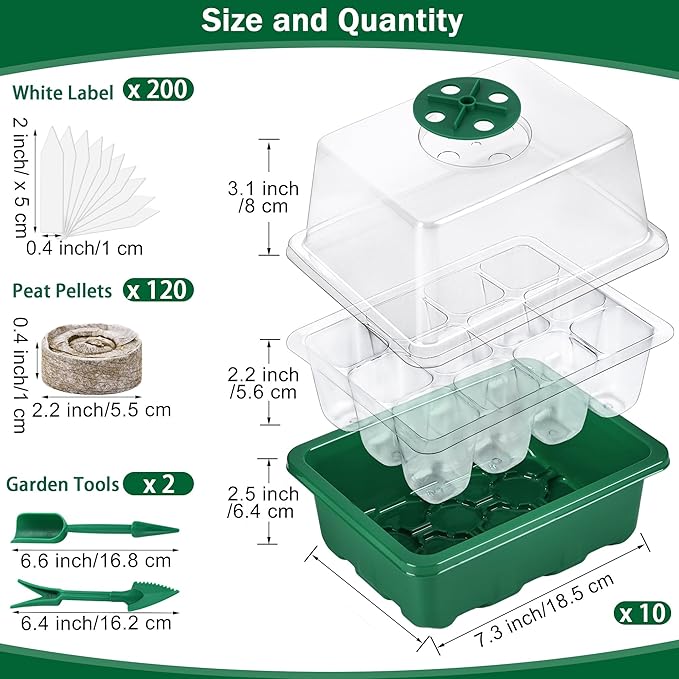 10 Sets Seed Starter Tray Kit Seed Starter Trays with Humidity Dome and Base Include 120 Peat Pellets 200 Plant Labels Garden Tools Plant Germination Tray Set for Indoor Outdoor Planting, Green - Image 2