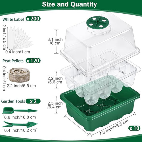 10 Sets Seed Starter Tray Kit Seed Starter Trays with Humidity Dome and Base Include 120 Peat Pellets 200 Plant Labels Garden Tools Plant Germination Tray Set for Indoor Outdoor Planting, Green - Image 2
