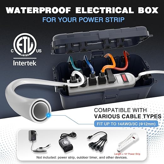 Flemoon [2 Pack] Outdoor Electrical Box Waterproof, Medium Weatherproof Electrical Box (11.5x5.2x4 inch) w/6 Cable Entry Ports, Extension Cord Cover for Power Strip, Timer, Plug, Holiday Light, Gray - Image 2