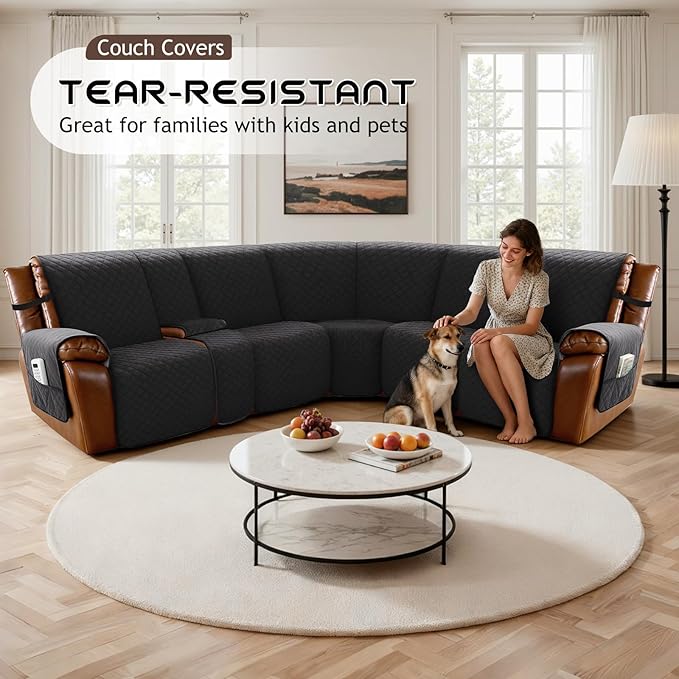 Arfntevss Waterproof Recliner Sectional Couch Covers for Reclining L Shape Sofa Cover Non Slip Washable L Shaped Slipcover Sets for Dog Furniture Protector (5 Seat with 1 Console Cover, Inky Black) - Image 7