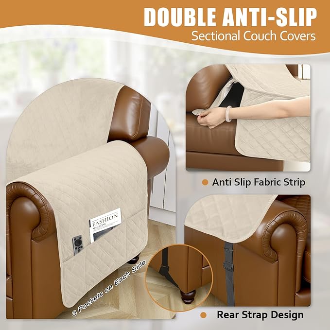 Arfntevss Waterproof Sectional Couch Covers L Shape Washable Velvet Sofa Cover for Sectional Non Slip Large Corner Slipcovers Dog 6 Pcs Universal U Shaped Furniture Protector (Beige, X-Large) - Image 4