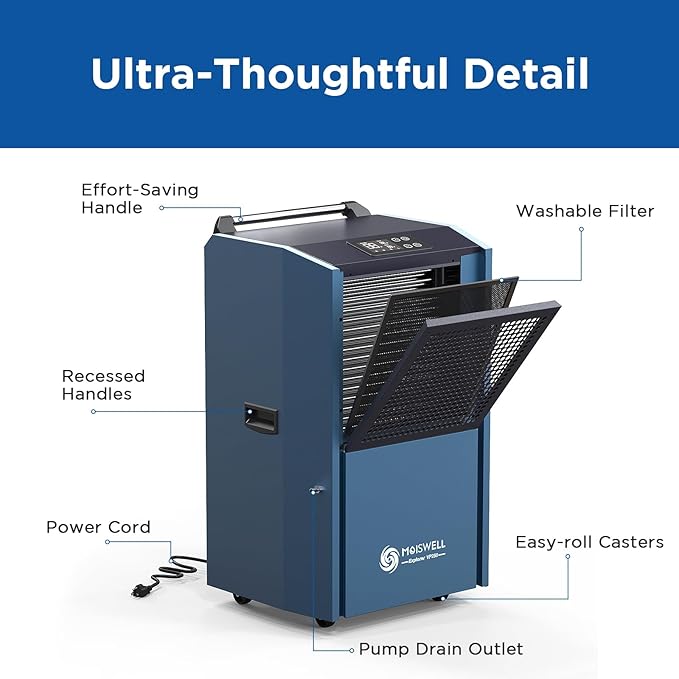 250 Pints Commercial Dehumidifier with Pump for Large Spaces, Industrial Heavy Duty Dehumidifiers with Drain Hose for Basements Warehouse Water Damage Restoration, 5-Year Warranty - Image 7