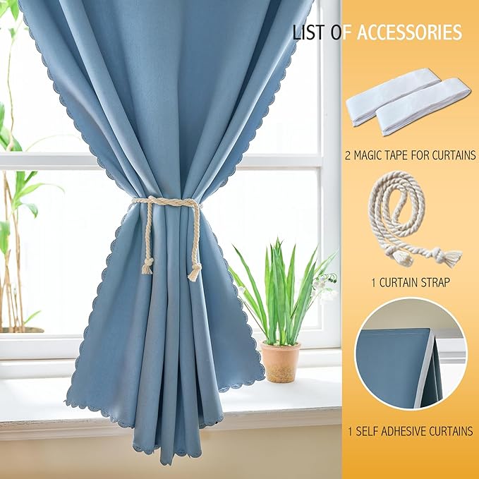 Magic Tape Stick on Portable Curtains for Windows,Bedroom Blackout Curtains for - Thermal Lnsulated No Drill Curtains Room Darkening Black Small Drapes(1 Panels,35Wx54L inch-Sky Blue) - Image 6