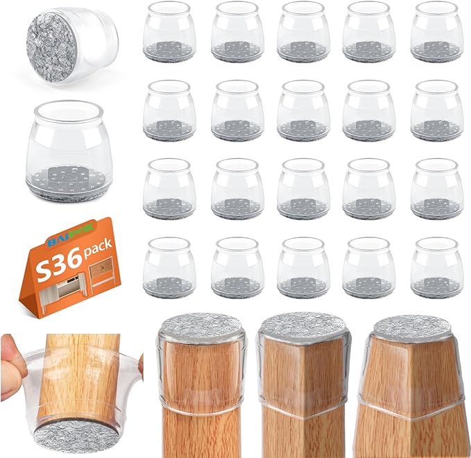 BAIPOK 36Pcs Round Chair Leg Floor Protectors with Felt Bottom, Silicone Chair Leg Covers Caps for Hardwood Floors, Dining Room Bar stools Leg Protectors, Reduce Noise & No Scratch, Clear, Small by BAIPOK