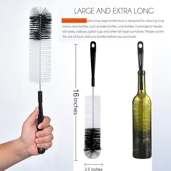 ALINK 3-Pack Long Black Bottle Cleaning Brush for Narrow Neck Beer/Wine/Flask/Thermos/Sport Well, Brewing Bottle Cleaner, 16 Inches - Image 2