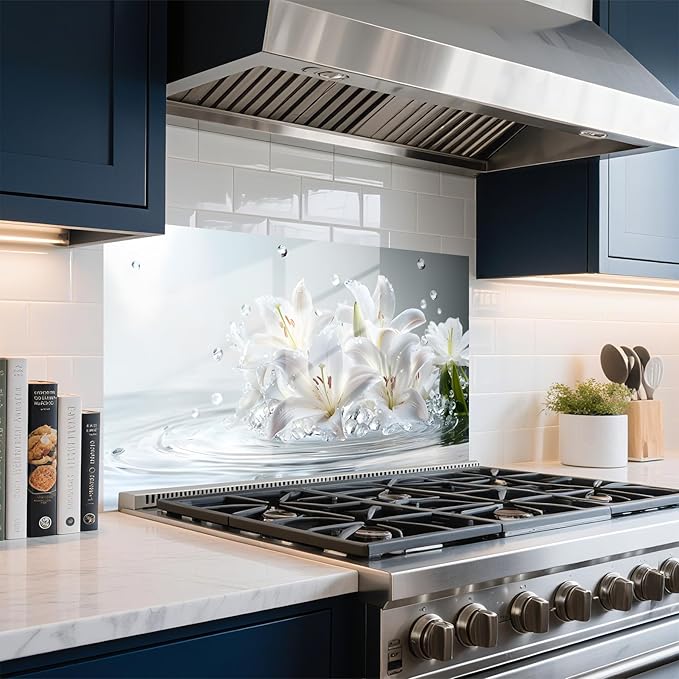 NYZE Kitchen Backsplash Stickers Waterproof Stove Backsplash Protector, 30 X 16 inch Removable Kitchen Wallpaper with Wall Art Decor for Stove Cooking Area(White Lily) - Image 5