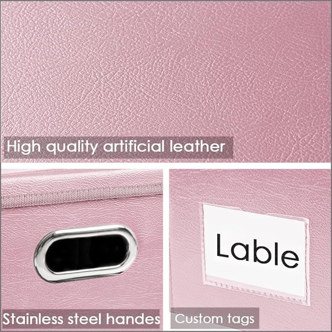PRANDOM Collapsible Storage Box with Lid [1-Pack] Leather Fabric Foldable Storage Bin Organizer Container Basket Cube with Cover for Home Bedroom Closet Office Nursery Pink (13.6x9.6x6.9) - Image 3